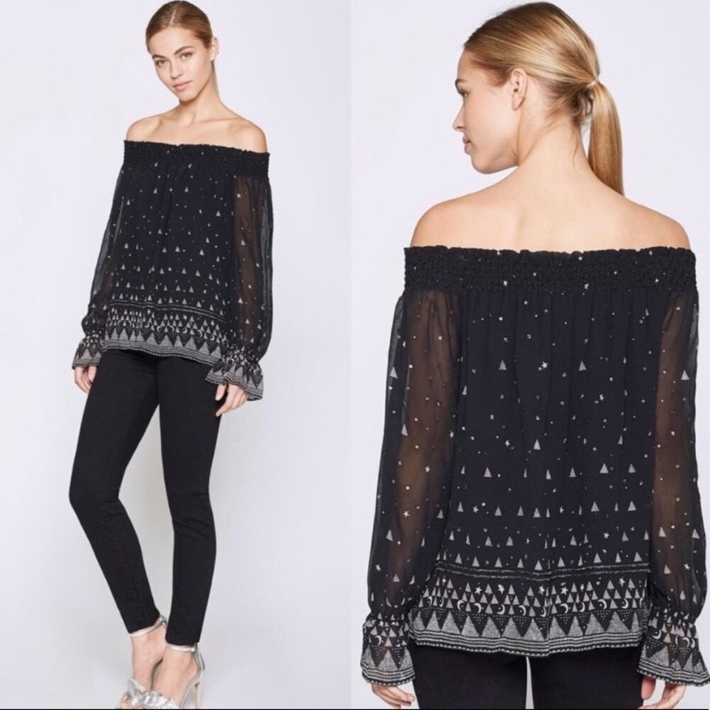 Joie off the Shoulder 100% Silk Celestial Black Ruched Blouse Top sz XS